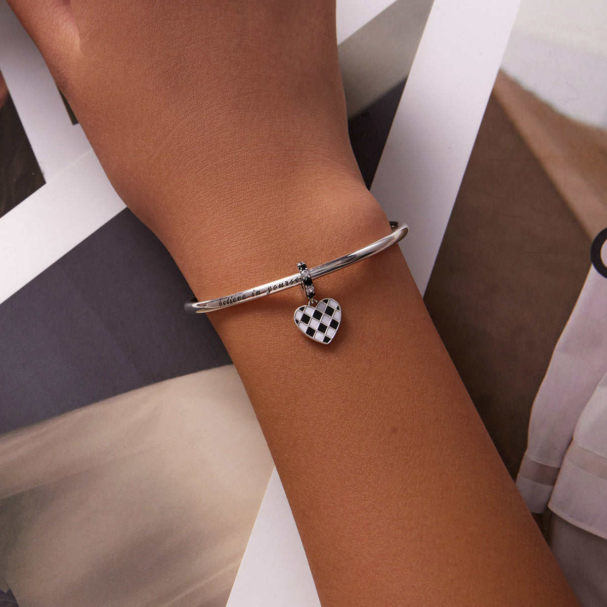 Sterling Silver Chekered Heart Hypoallergenic Dangle Charm