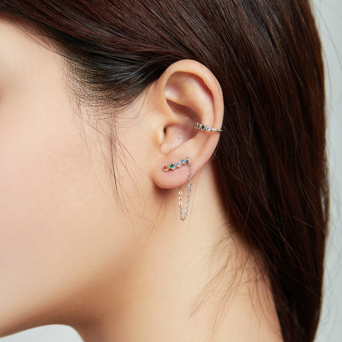 Sterling Silver CZ Geometric Chain Stud Earring (Single)
