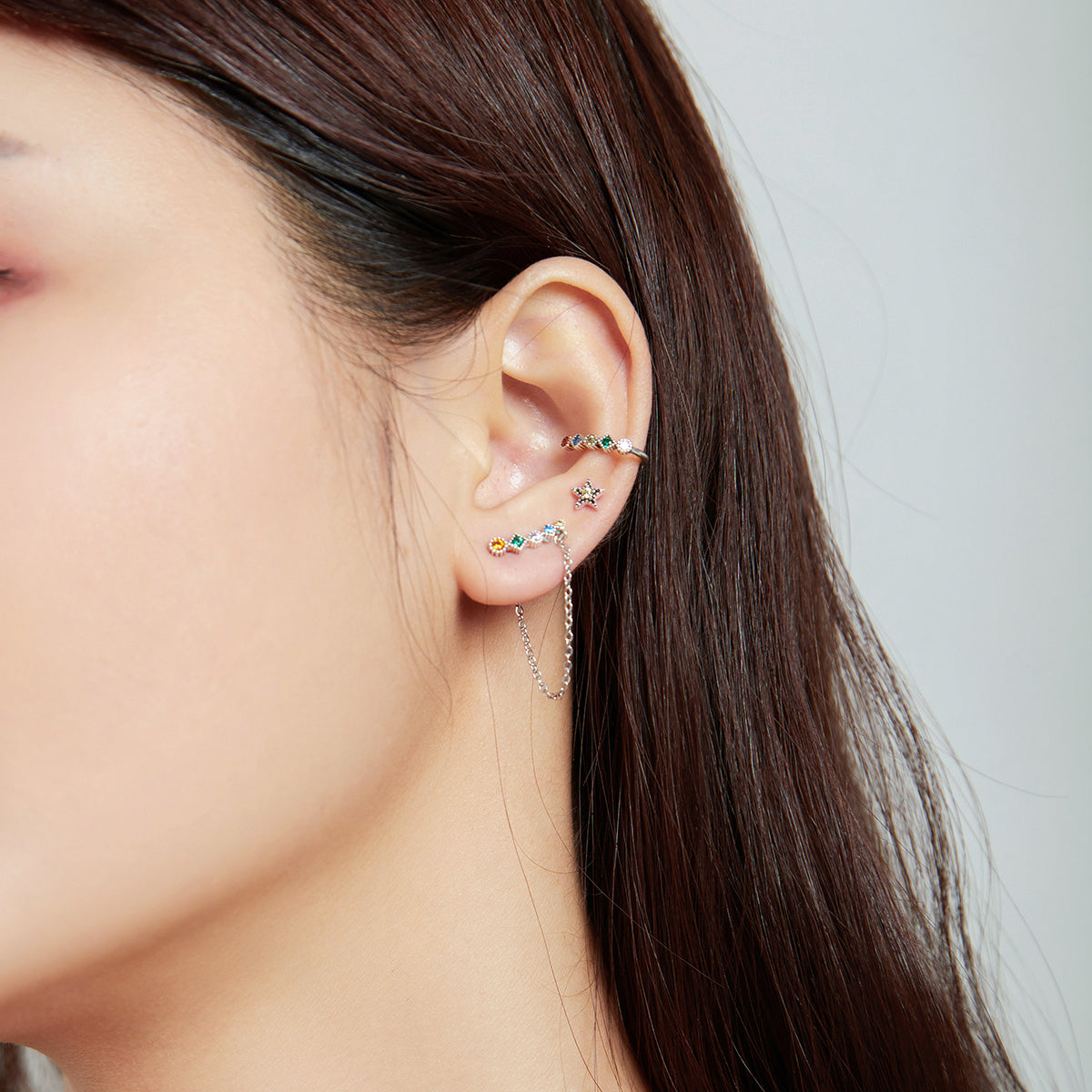 Sterling Silver CZ Geometric Chain Stud Earring (Single)