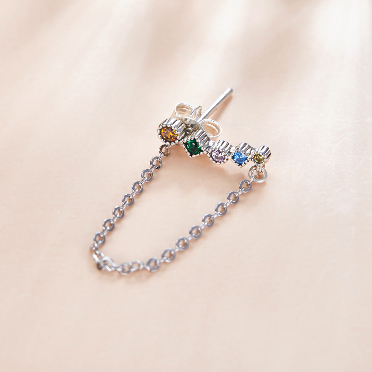 Sterling Silver CZ Geometric Chain Stud Earring (Single)