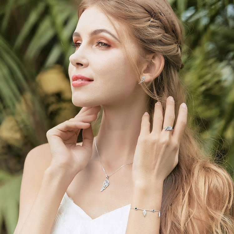 Sterling Silver Feather Wings Stud Earrings + Ring