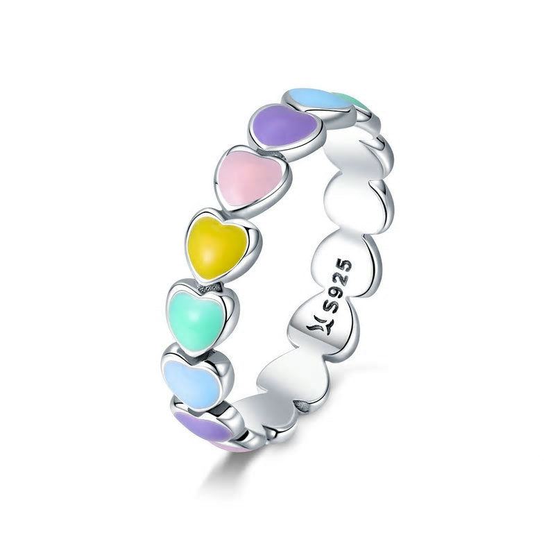 Sterling Silver Stackable Rainbow Heart Huggie Earrings + Bracelet + Ring