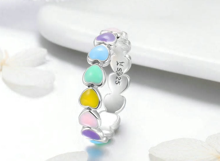 Sterling Silver Stackable Rainbow Heart Huggie Earrings + Bracelet + Ring