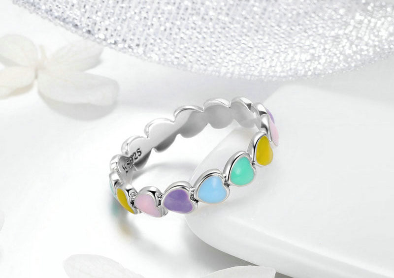 Sterling Silver Stackable Rainbow Heart Huggie Earrings + Bracelet + Ring