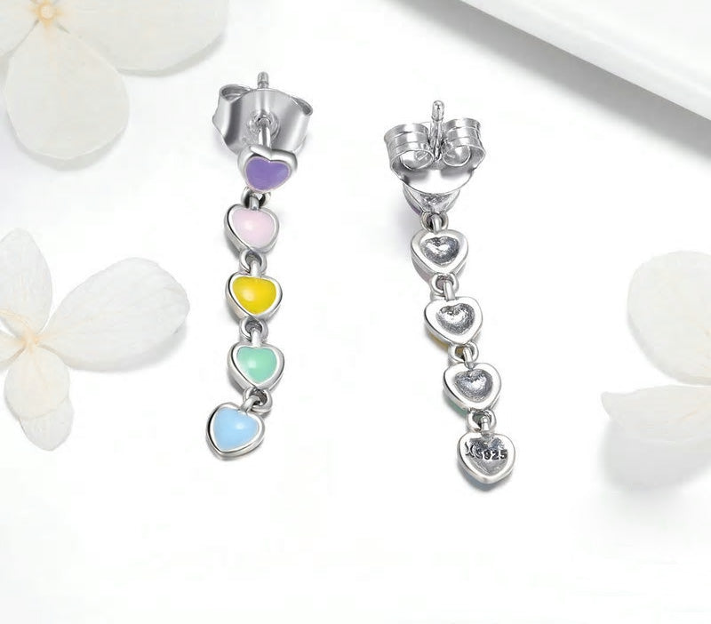 Sterling Silver Stackable Rainbow Heart Drop Earrings + Ring + Bracelet