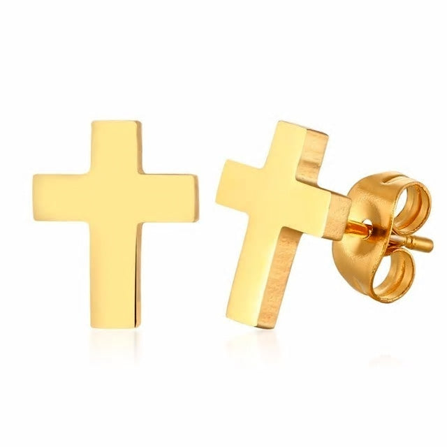 Stainless Steel Cross Stud Earrings + Necklace