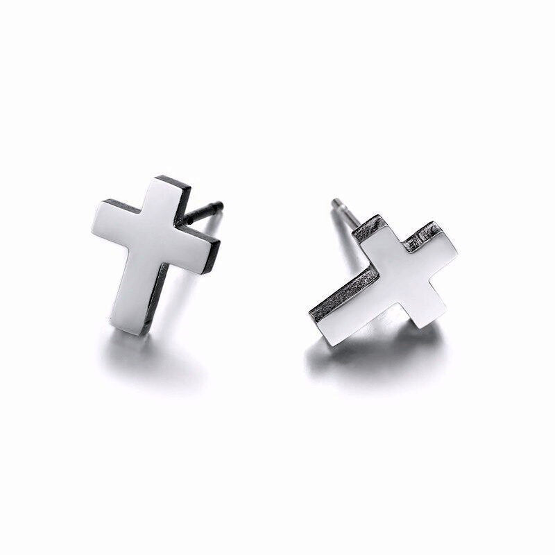 Stainless Steel Cross Stud Earrings + Necklace