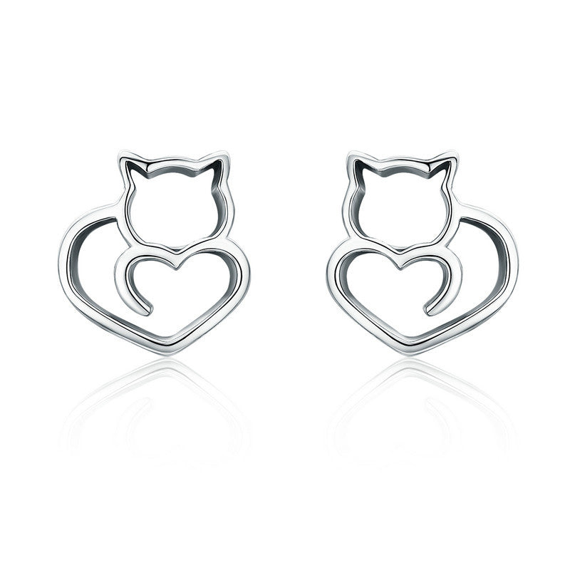 Sterling Silver Cat Tail Love Stud Earrings + Necklace