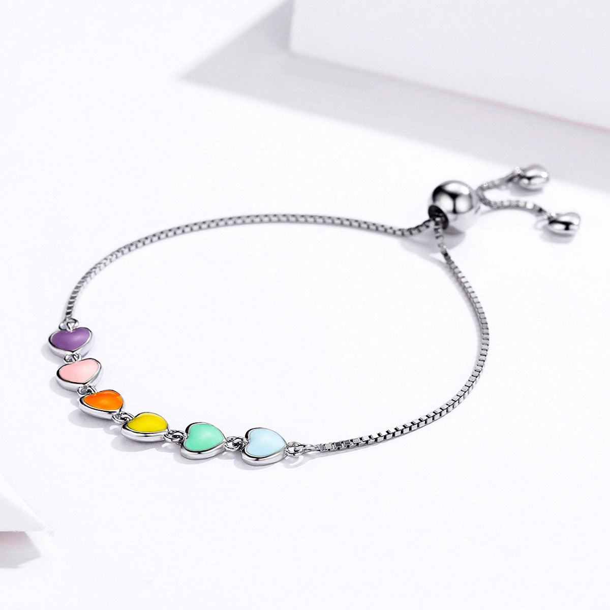 Sterling Silver Stackable Rainbow Heart Huggie Earrings + Bracelet + Ring