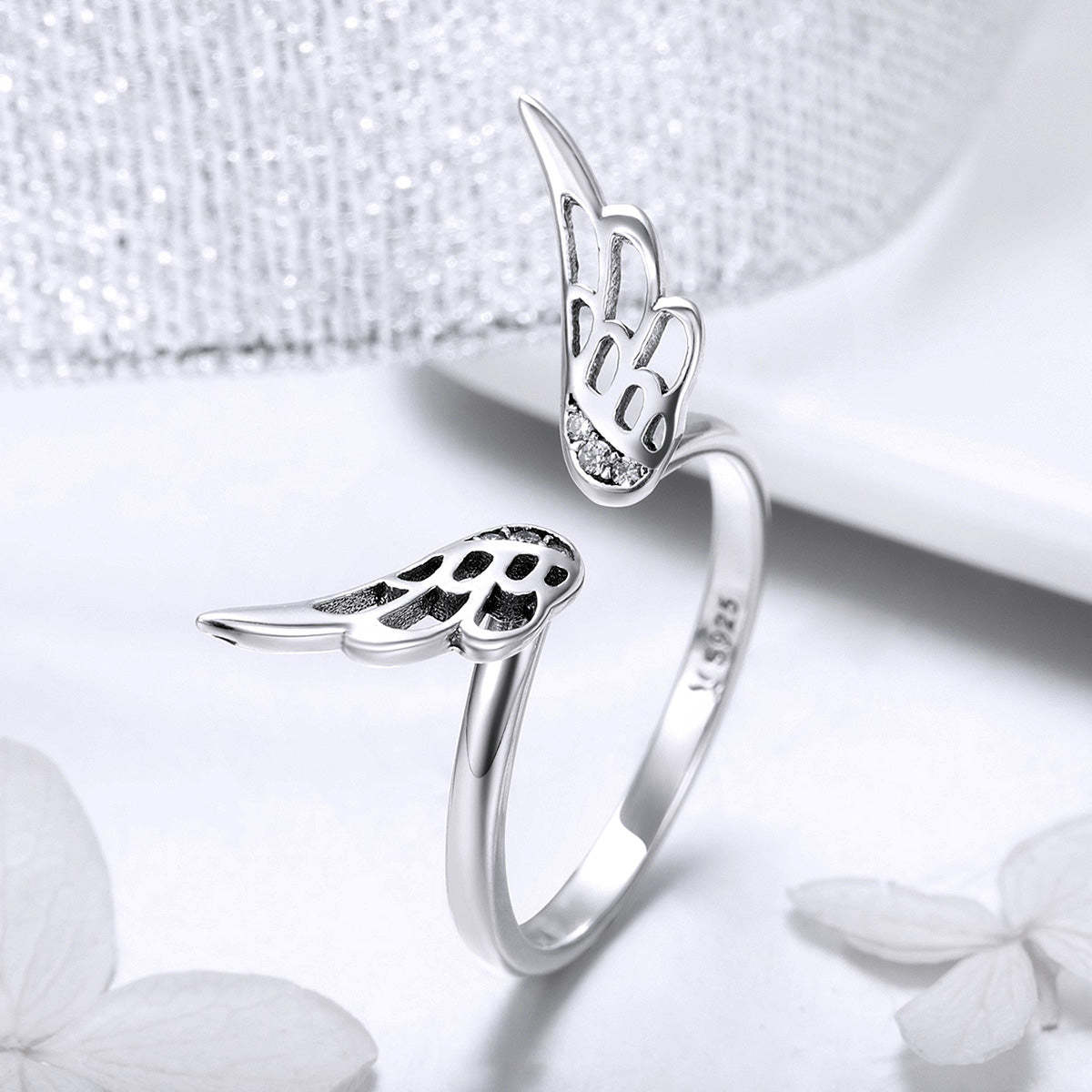 Sterling Silver Feather Wings Stud Earrings + Ring