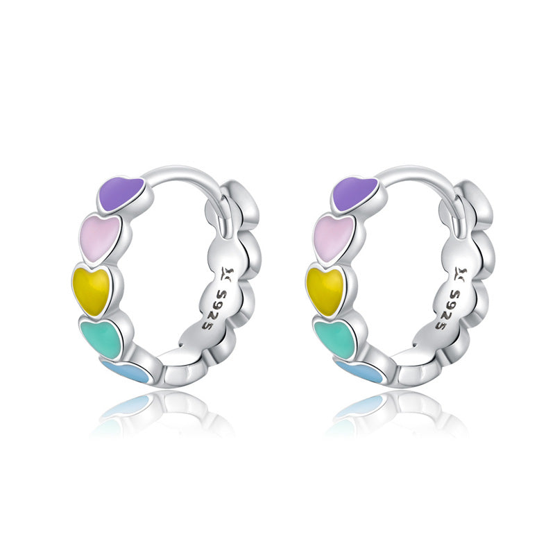 Sterling Silver Stackable Rainbow Heart Huggie Earrings + Bracelet + Ring