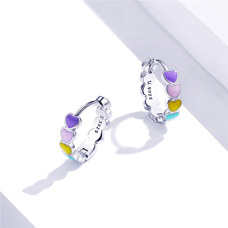 Sterling Silver Stackable Rainbow Heart Huggie Earrings + Bracelet + Ring