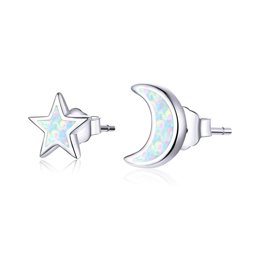 Sterling Silver Moon & Star Opal Stud Earrings + Sun Necklace