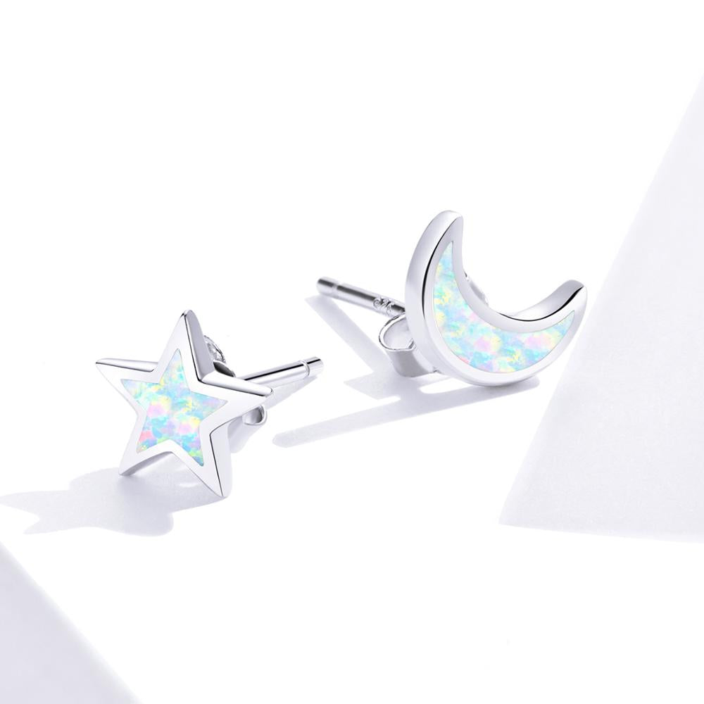 Sterling Silver Moon & Star Opal Stud Earrings + Sun Necklace