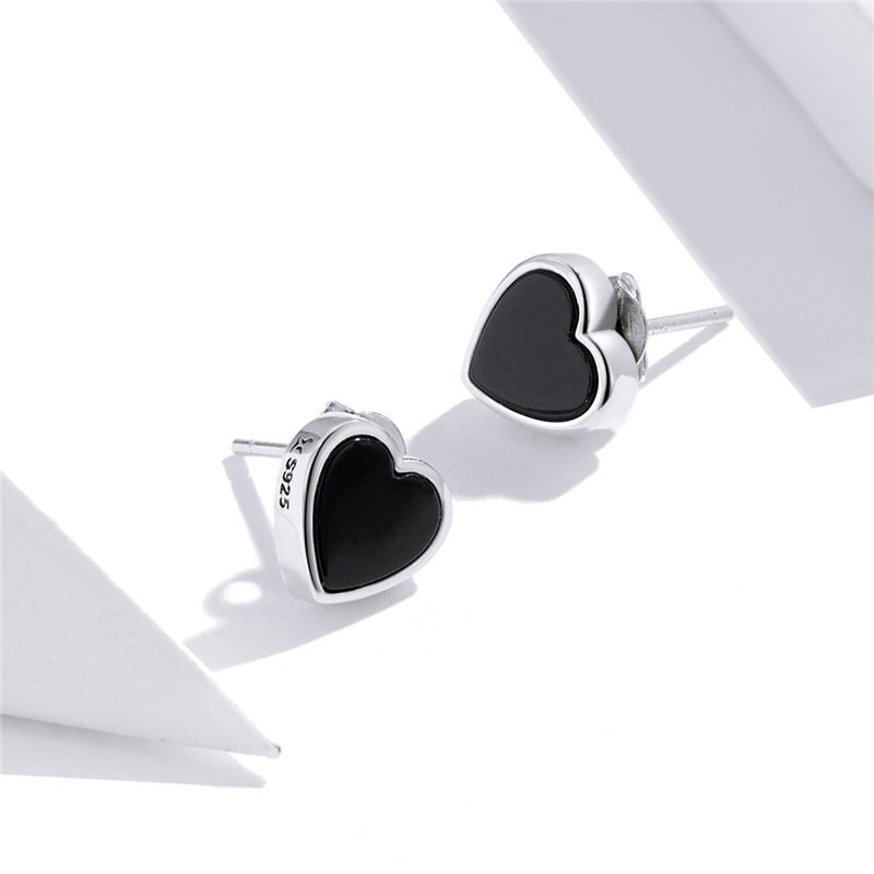 Sterling Silver Black Agate Heart Stud Hypoallergenic Earrings + Necklace