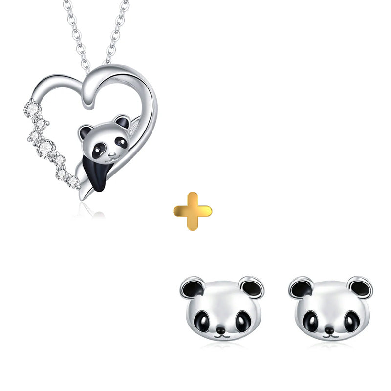 Sterling Silver I Love Panda Hypoallergenic Earrings + Necklace