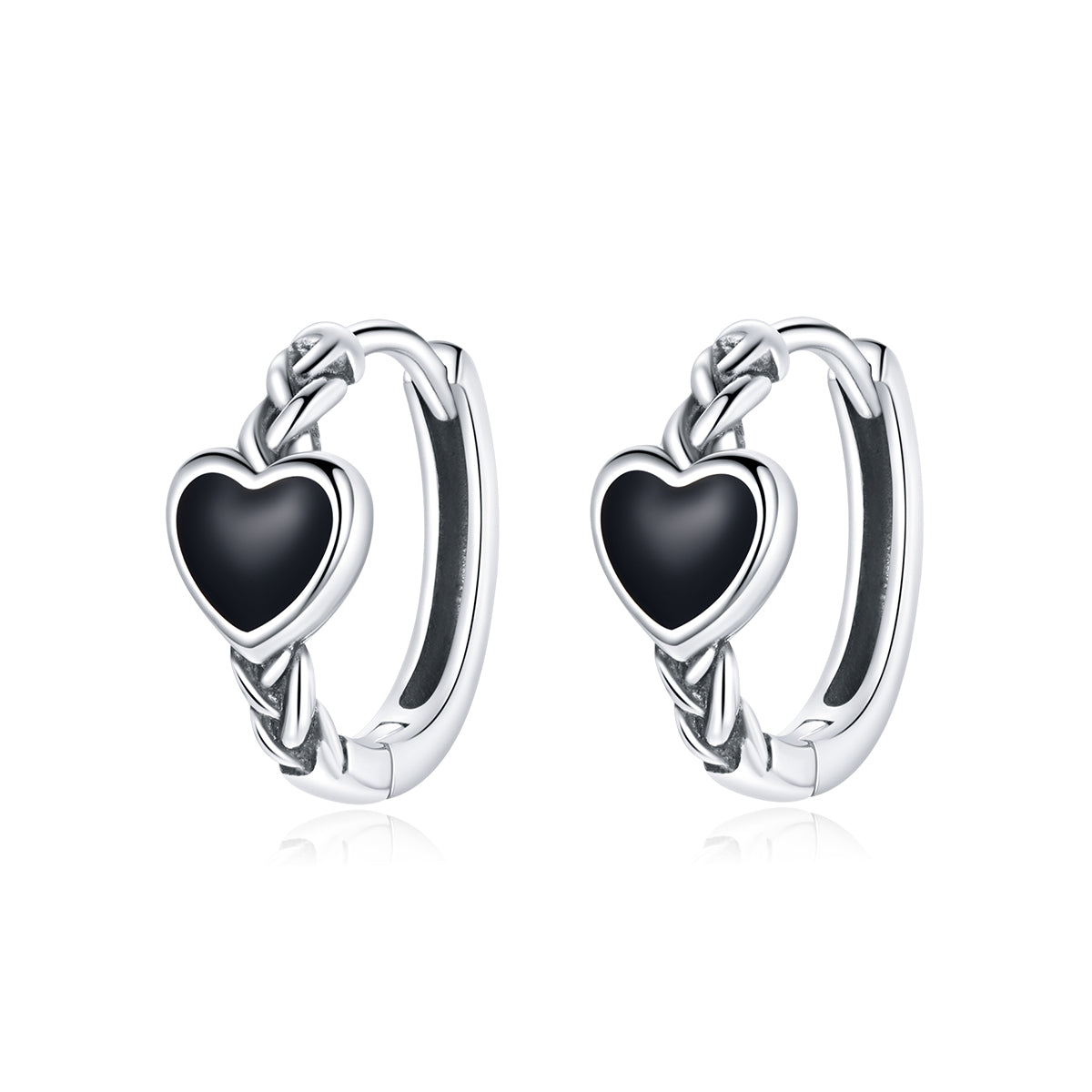 Sterling Silver Black Heart Huggie Hypoallergenic Earrings + Necklace