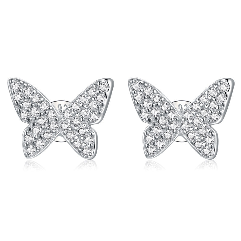 Sterling Silver Butterflies Stud Hypoallergenic Earrings + Necklace