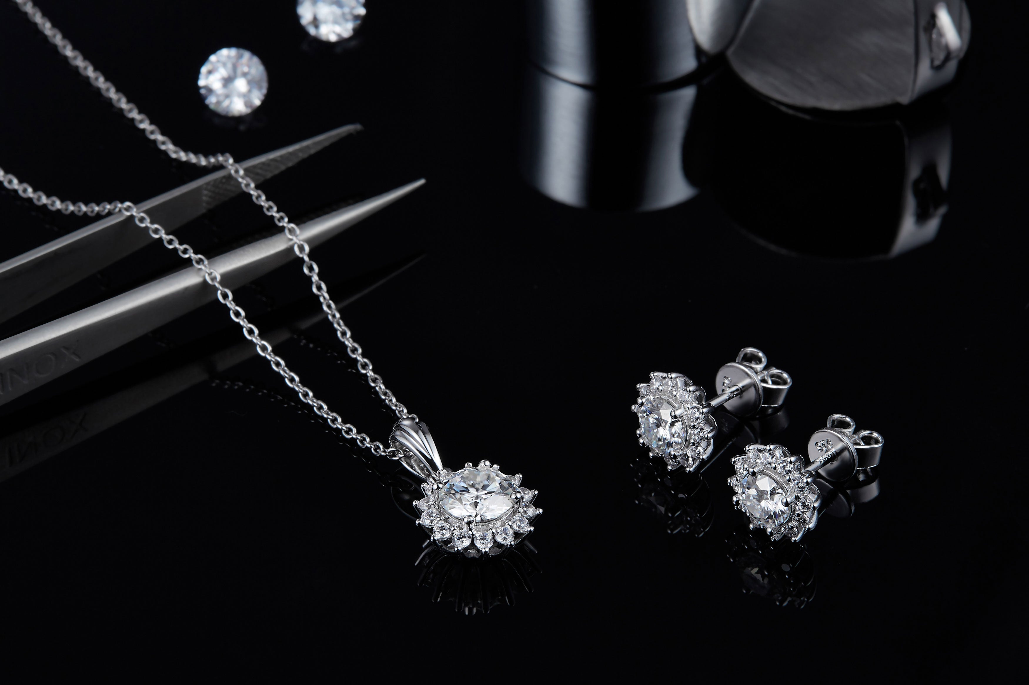 Sterling Silver Celestial Flower Moissanite Hypoallergenic Stud Earrings + Necklace