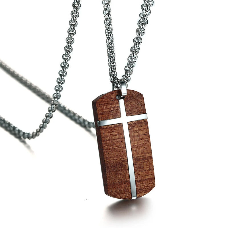 Stainless Steel Rosewood Metal Cross Necklace