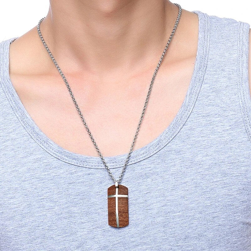 Stainless Steel Rosewood Metal Cross Necklace