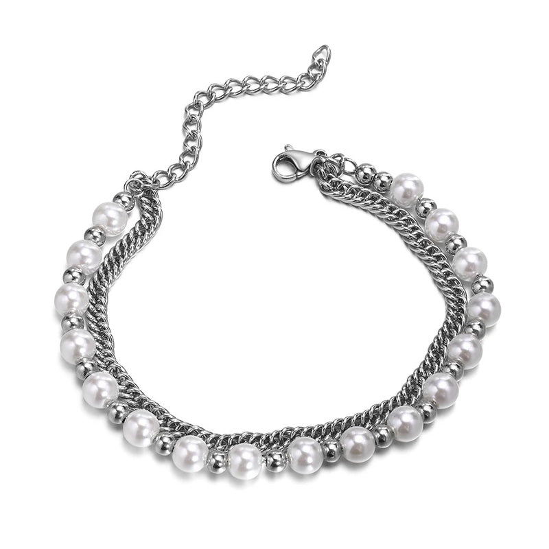 Stainless Steel Miami Curb Chain & Simulated Pearl Beads Double Layer Bracelet