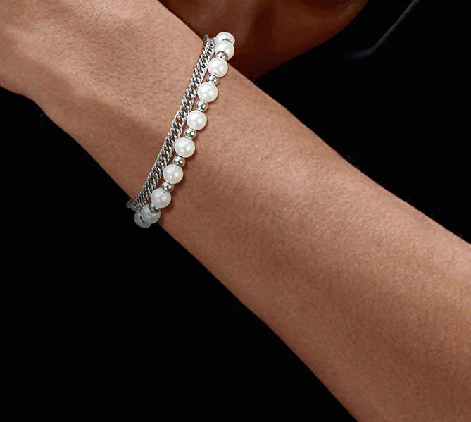 Stainless Steel Miami Curb Chain & Simulated Pearl Beads Double Layer Bracelet