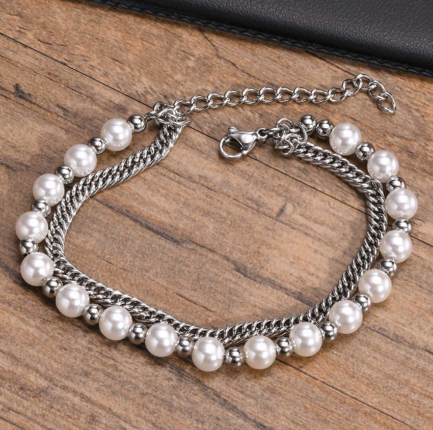 Stainless Steel Miami Curb Chain & Simulated Pearl Beads Double Layer Bracelet