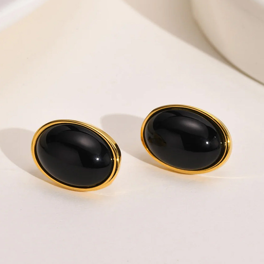 Stainless Steel Retro Oval Black Stud Earrings