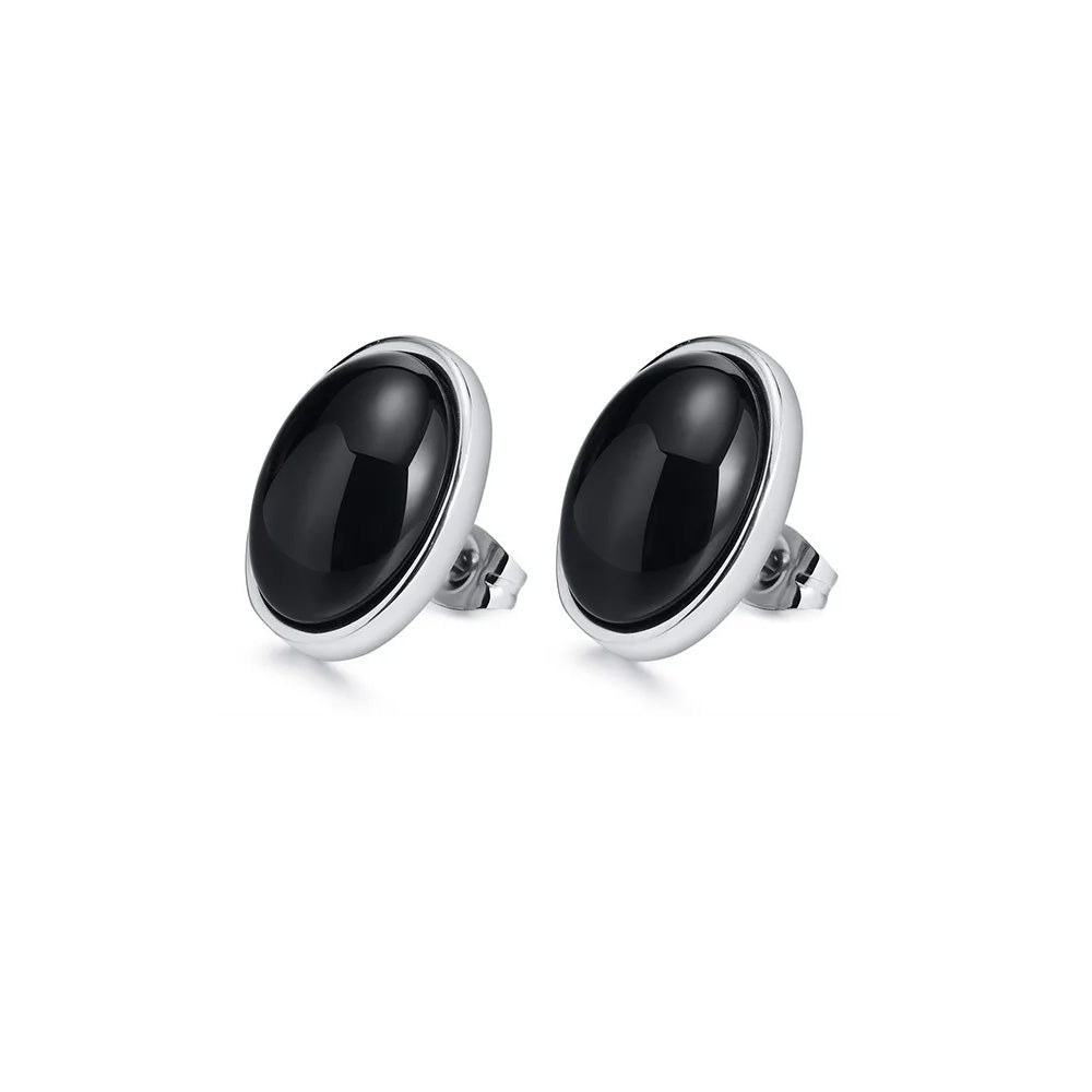 Stainless Steel Retro Oval Black Stud Earrings