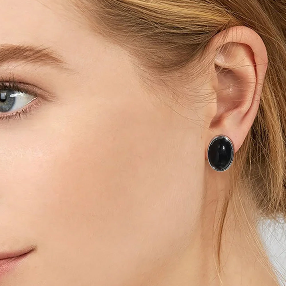 Stainless Steel Retro Oval Black Stud Earrings