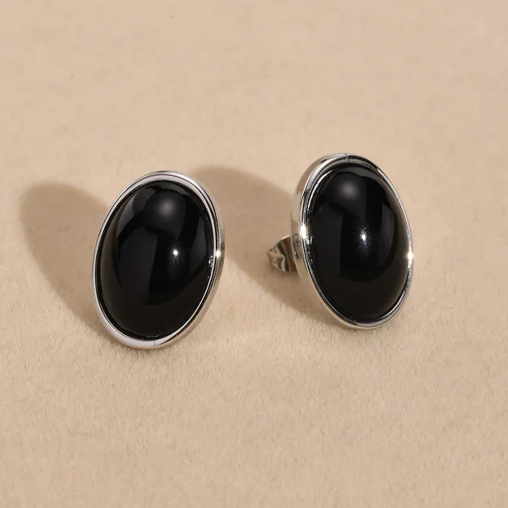 Stainless Steel Retro Oval Black Stud Earrings