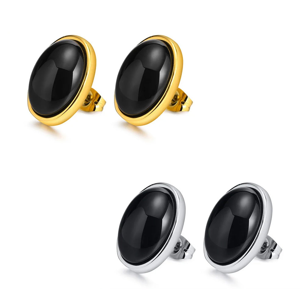 Stainless Steel Retro Oval Black Stud Earrings