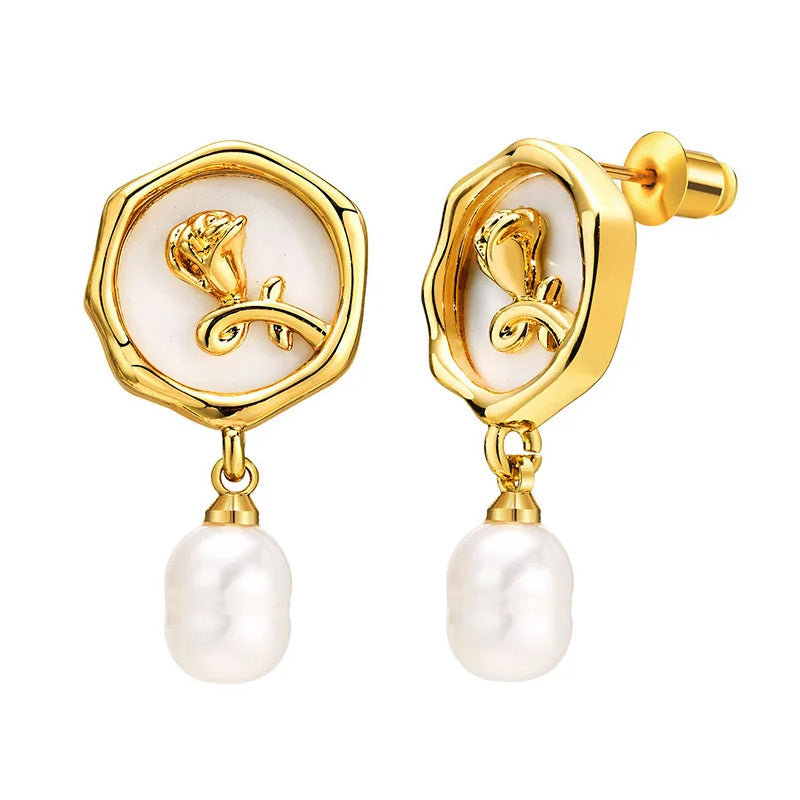 Zinc Alloy Rose Coin Simulated Pearl Drop Stud Earrings