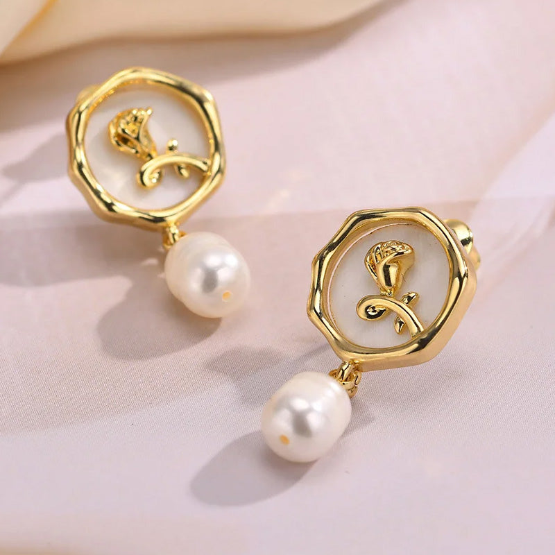 Zinc Alloy Rose Coin Simulated Pearl Drop Stud Earrings