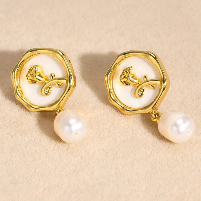 Zinc Alloy Rose Coin Simulated Pearl Drop Stud Earrings