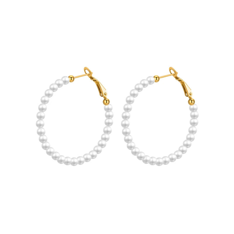 Stainless Steel 4mm Simulated Pearl Hoop Earrings