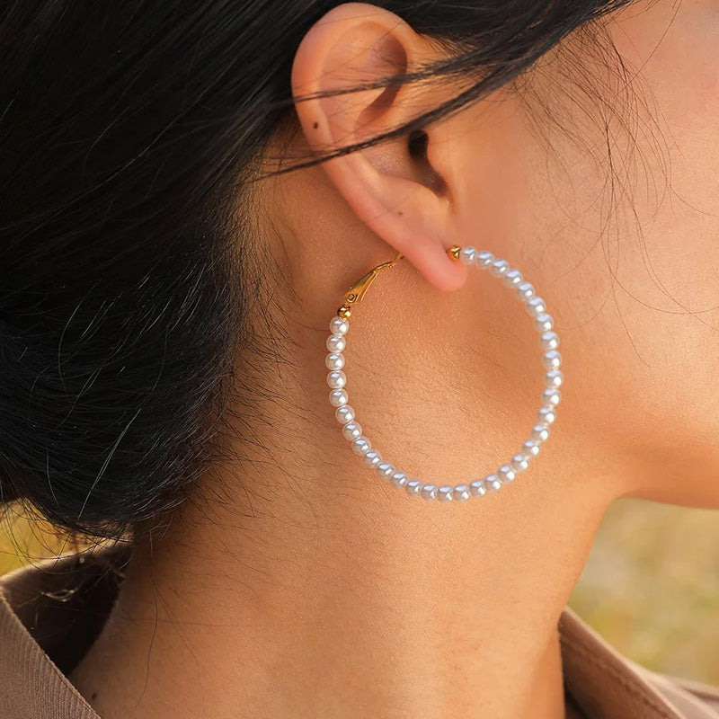 Stainless Steel 4mm Simulated Pearl Hoop Earrings