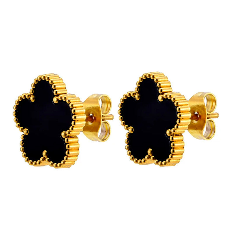 Stainless Steel Black Flower Stud Earrings