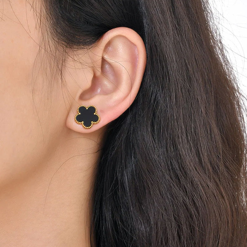 Stainless Steel Black Flower Stud Earrings