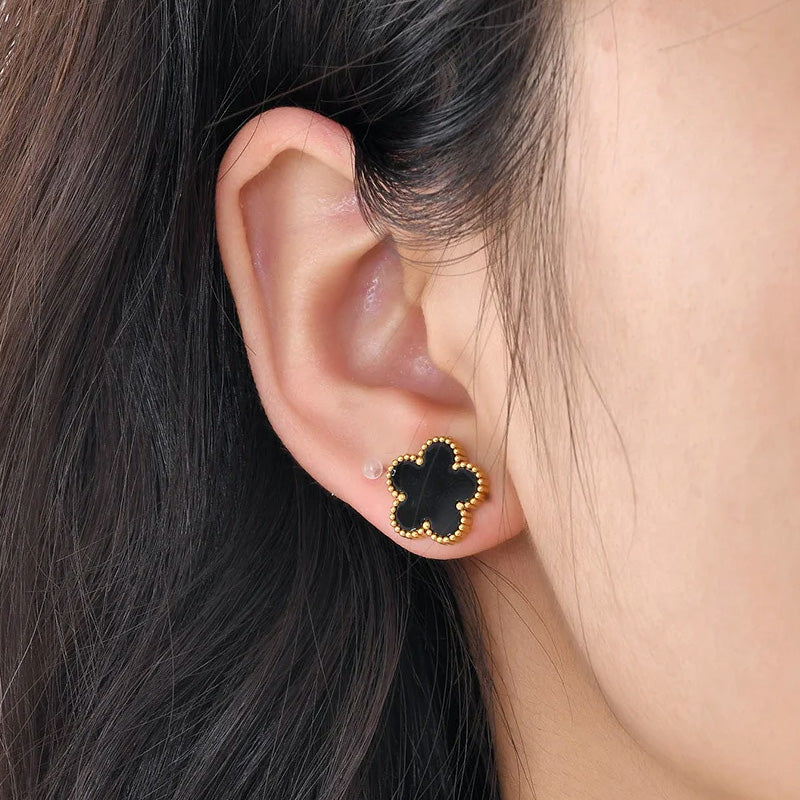 Stainless Steel Black Flower Stud Earrings