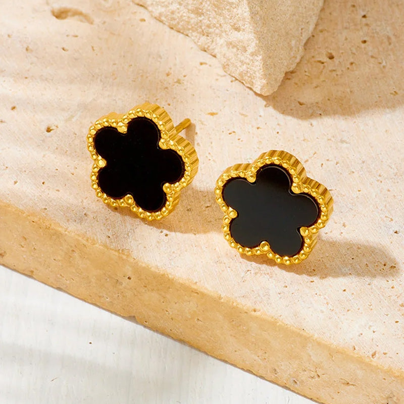 Stainless Steel Black Flower Stud Earrings