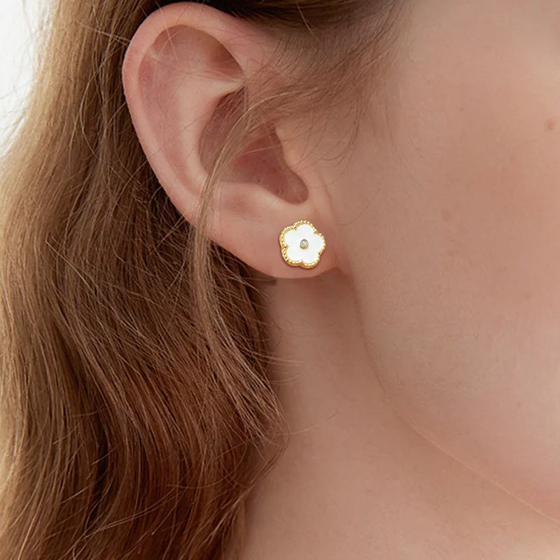 Stainless Steel White Flower Stud Earrings