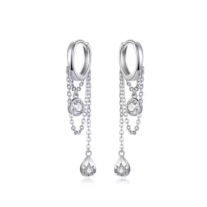 Sterling Silver Waterdrop Long Chain Hypoallergenic Huggies Earrings