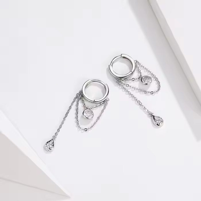 Sterling Silver Waterdrop Long Chain Hypoallergenic Huggies Earrings