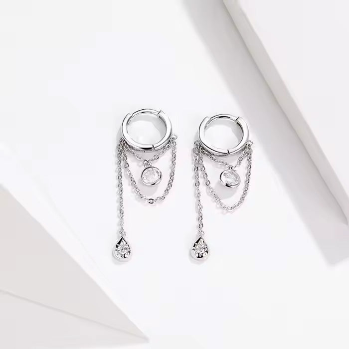 Sterling Silver Waterdrop Long Chain Hypoallergenic Huggies Earrings