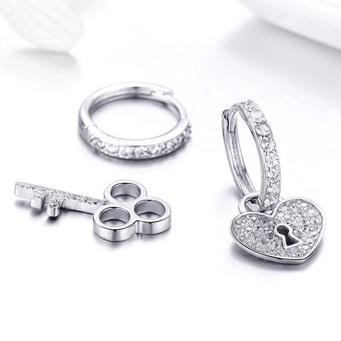 Sterling Silver Love Key Hypoallergenic Huggie Earrings
