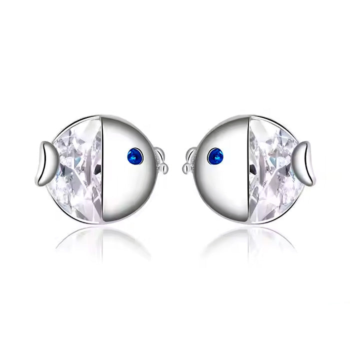 Sterling Silver Crystal Kissing Fish Hypoallergenic Stud Earrings
