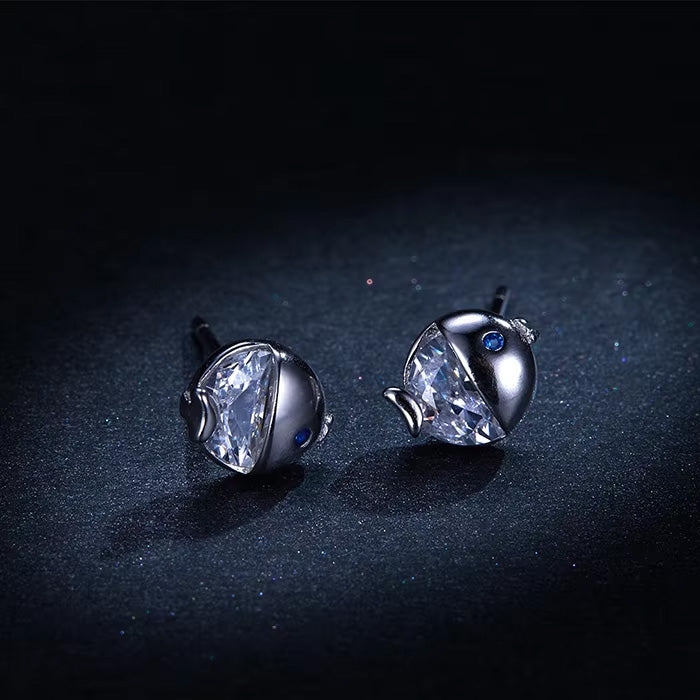 Sterling Silver Crystal Kissing Fish Hypoallergenic Stud Earrings