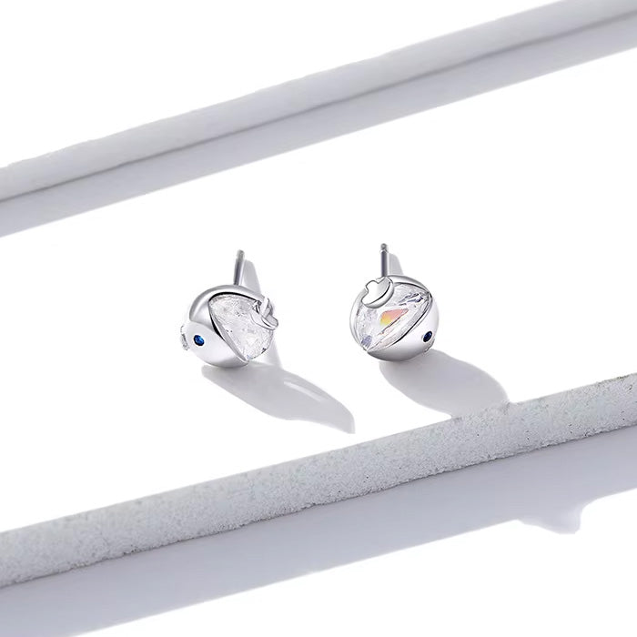 Sterling Silver Crystal Kissing Fish Hypoallergenic Stud Earrings